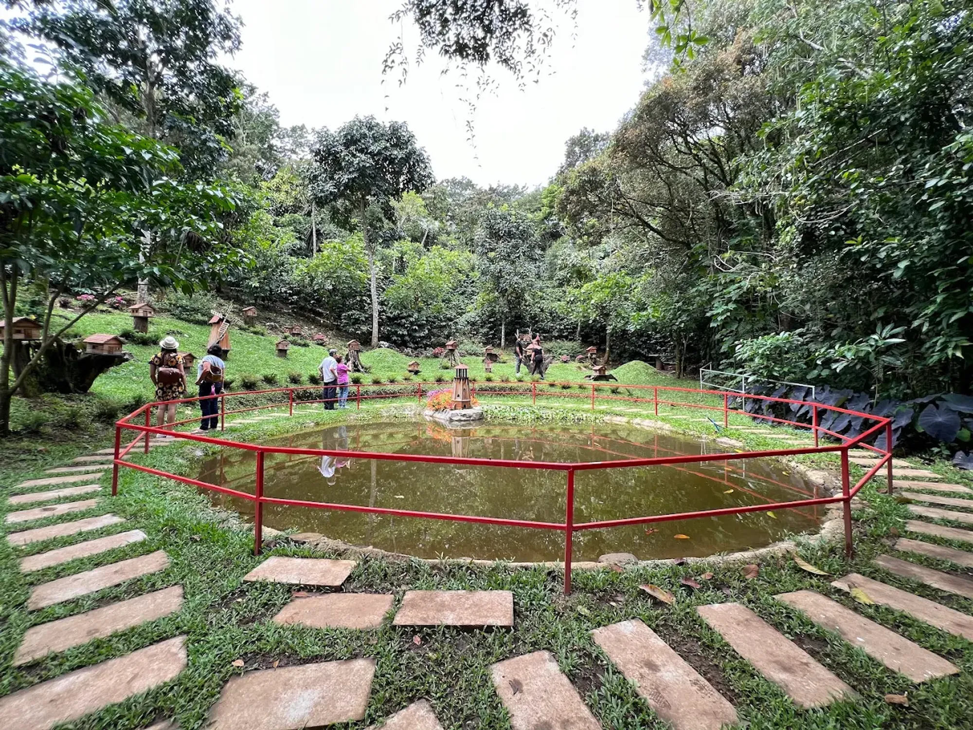 El lago de la finca rodeado de vegetación.